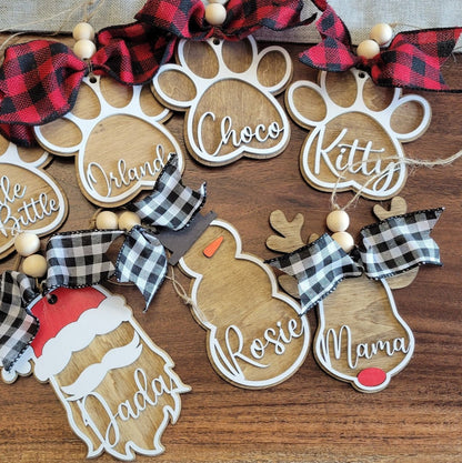 Personalized Christmas Ornament - Reindeer, Snowman, Santa, Paw