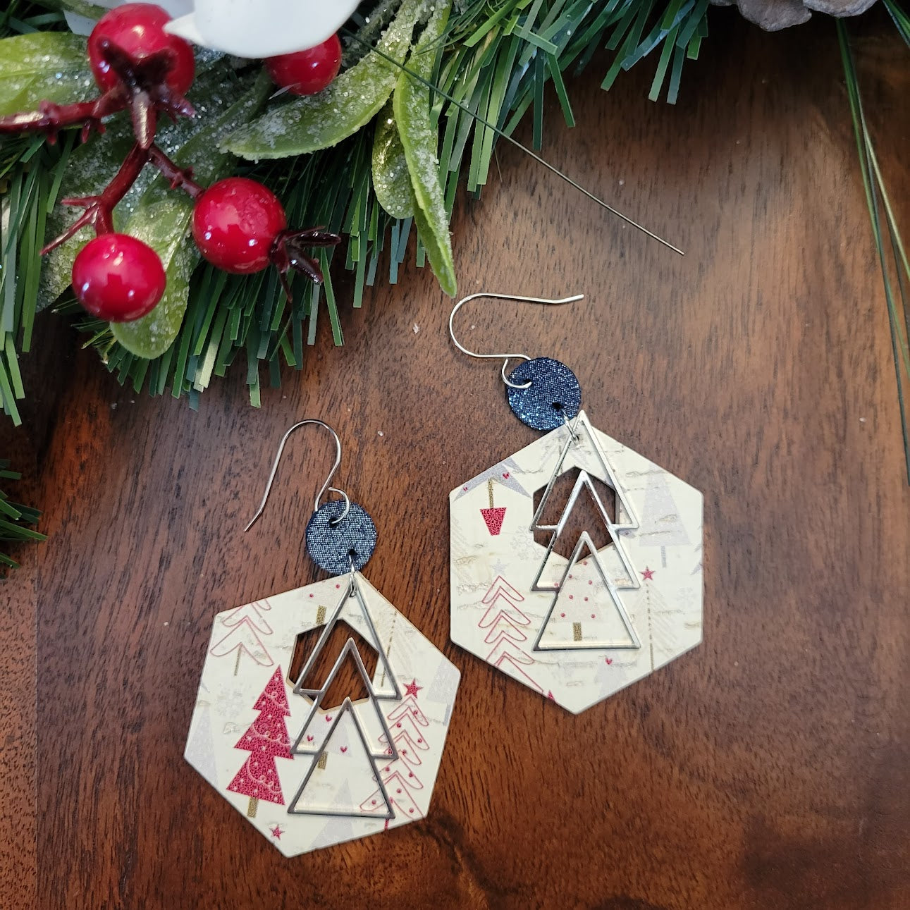 Christmas Tree Patterned Hexagon Leather Dangle Earrings