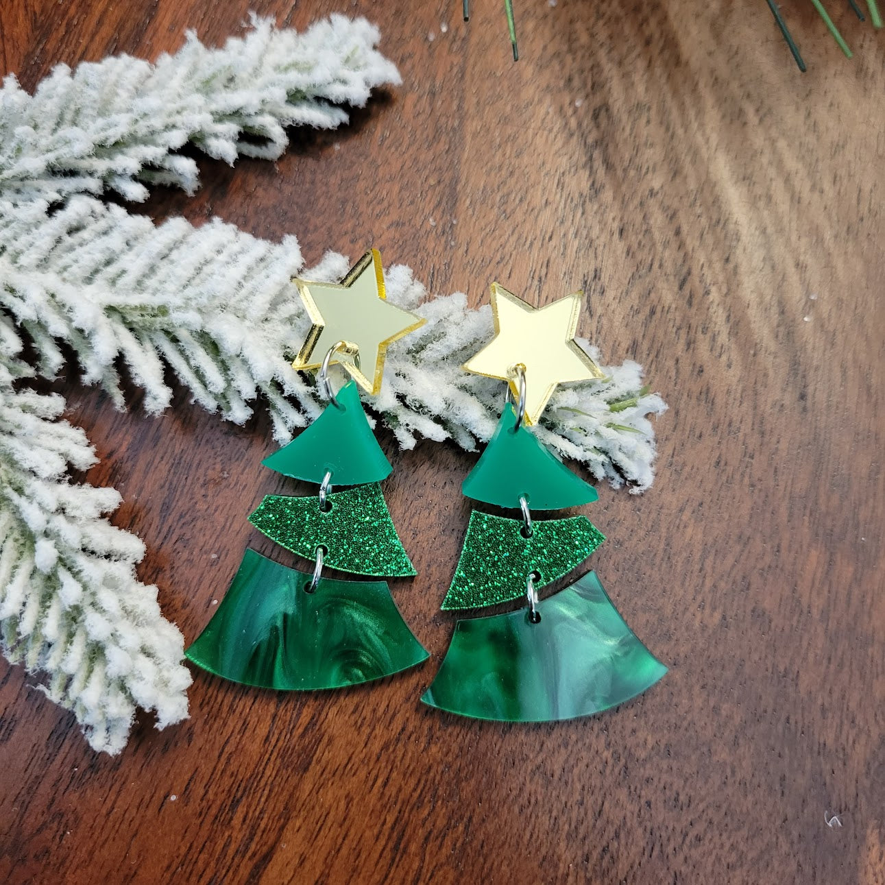 Varied Acrylic Stacked Christmas Tree Earrings with Stud Star Topper