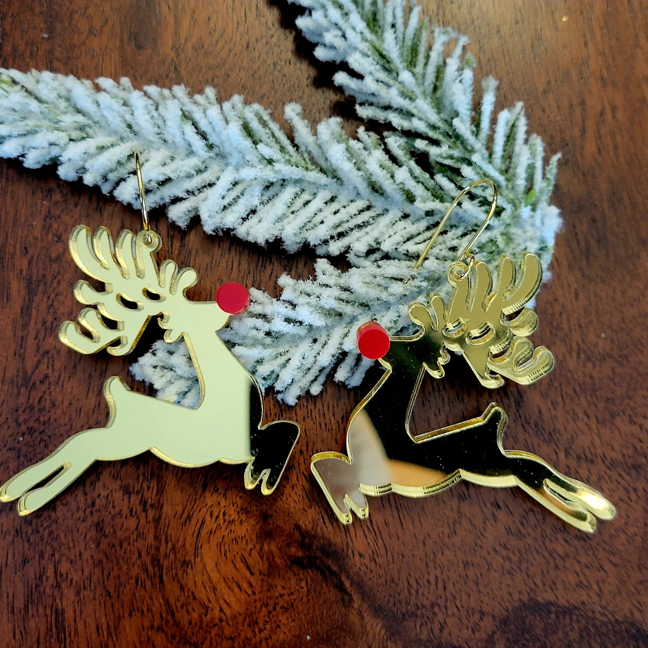 Gold Mirror Red Nosed Reindeer Earrings