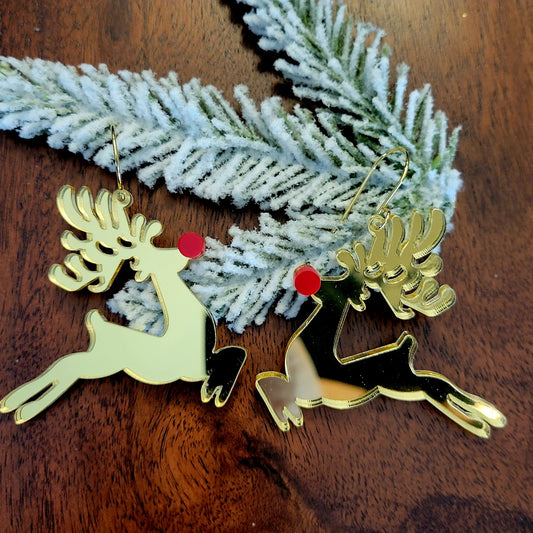 Gold Mirror Red Nosed Reindeer Earrings