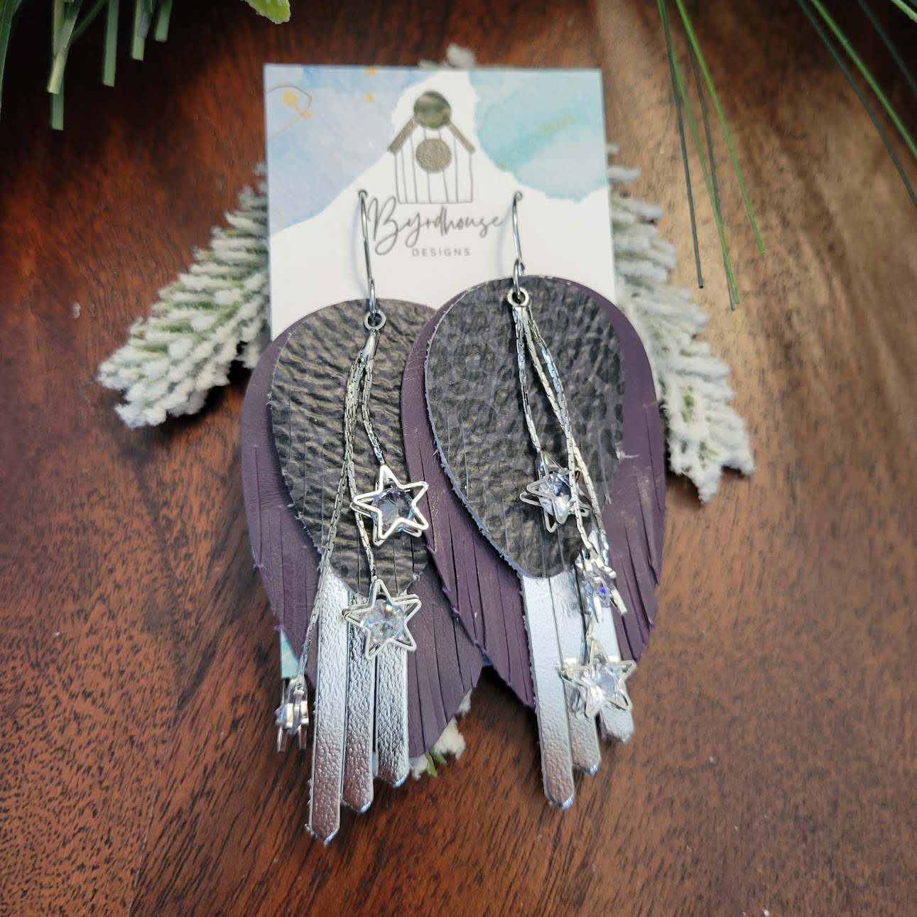 Purple, Silver, and Leopard Leather Fringe Dangle Earrings with Cubic Zirconia Star Charm