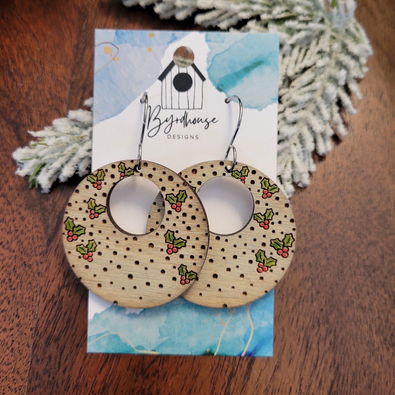 Laser Cut Engraved Wood Hollow Round Painted Mistletoe Dangle Earrings