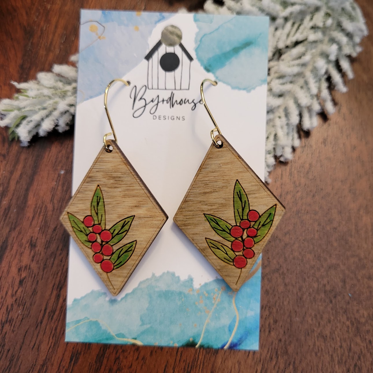 Diamond Shaped Laser Engraved Wood Holly Earrings