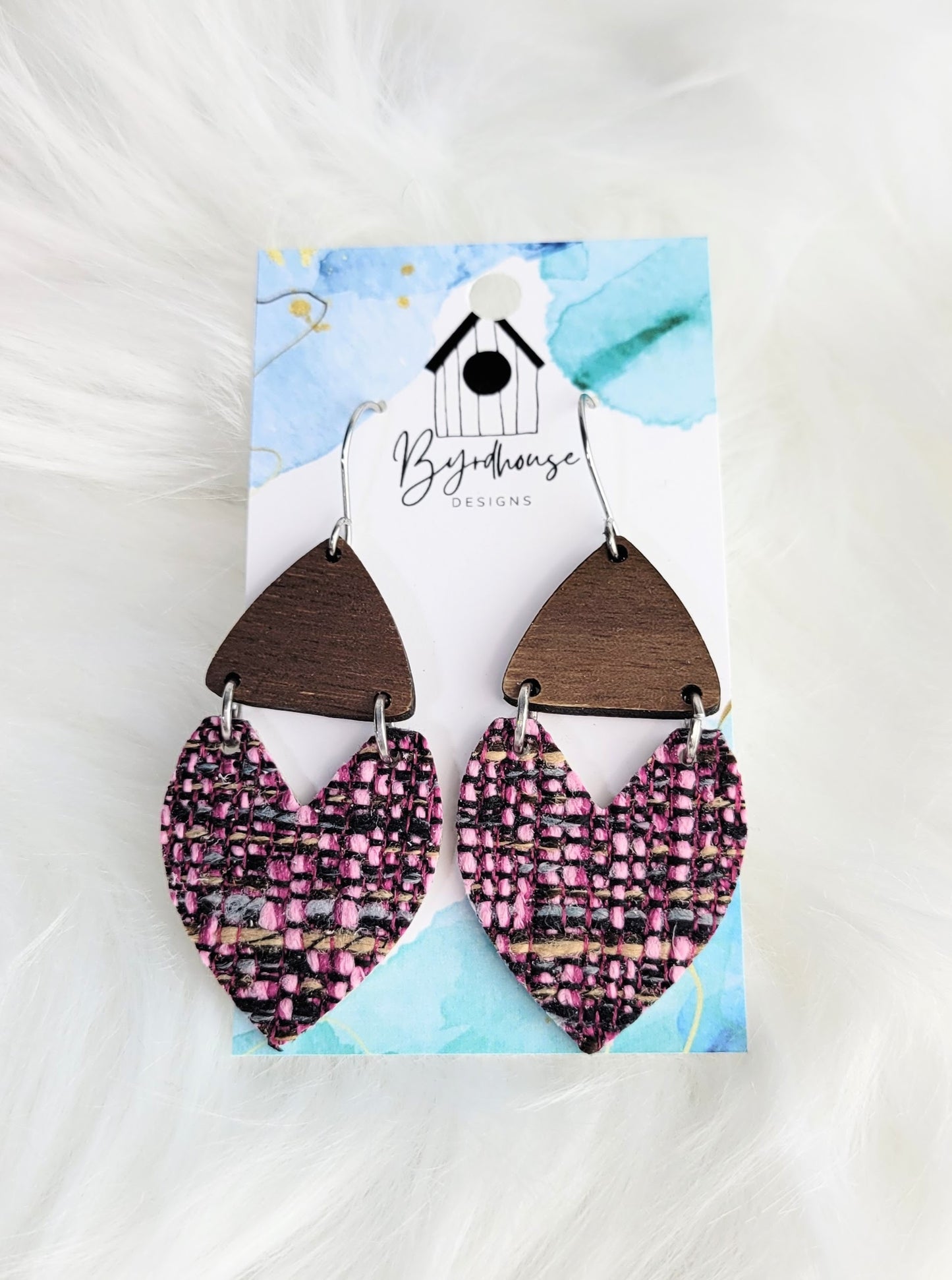 Magenta Tweed on Genuine Leather Boho Dangle Earrings with Walnut Connector