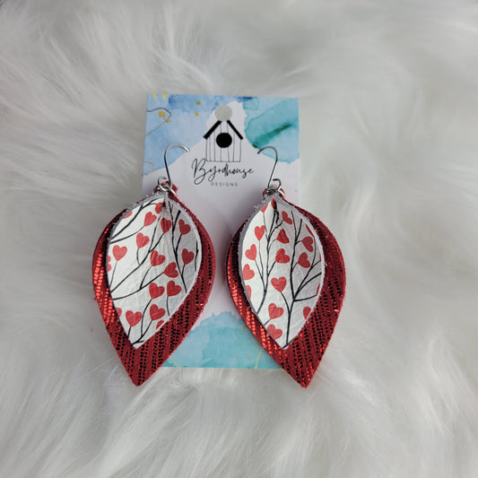 Heart Tree Print and Red Metallic Leather on Cork Pinched Leaf Shape Dangle Earrings