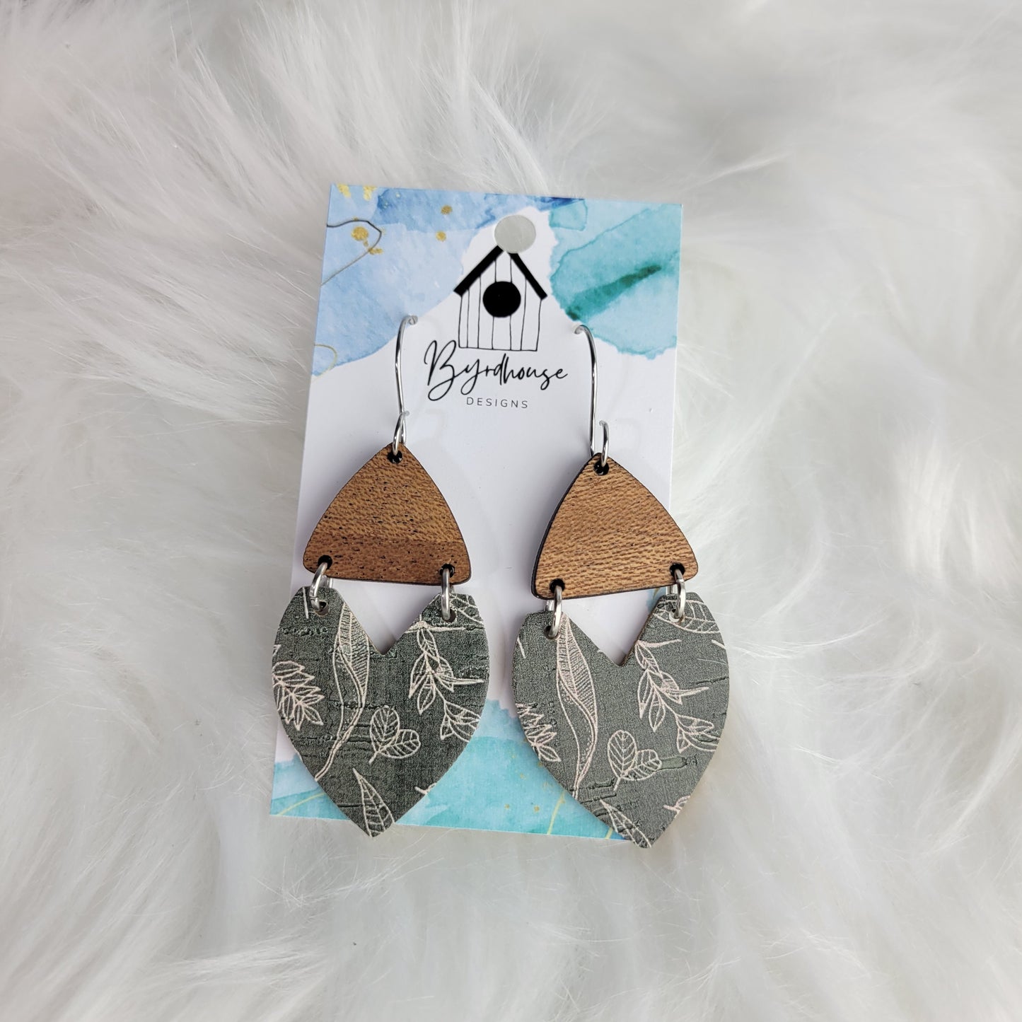 Boho Green and White Leaf Cork on Leather with Sapele Wood Connector Dangle Earrings