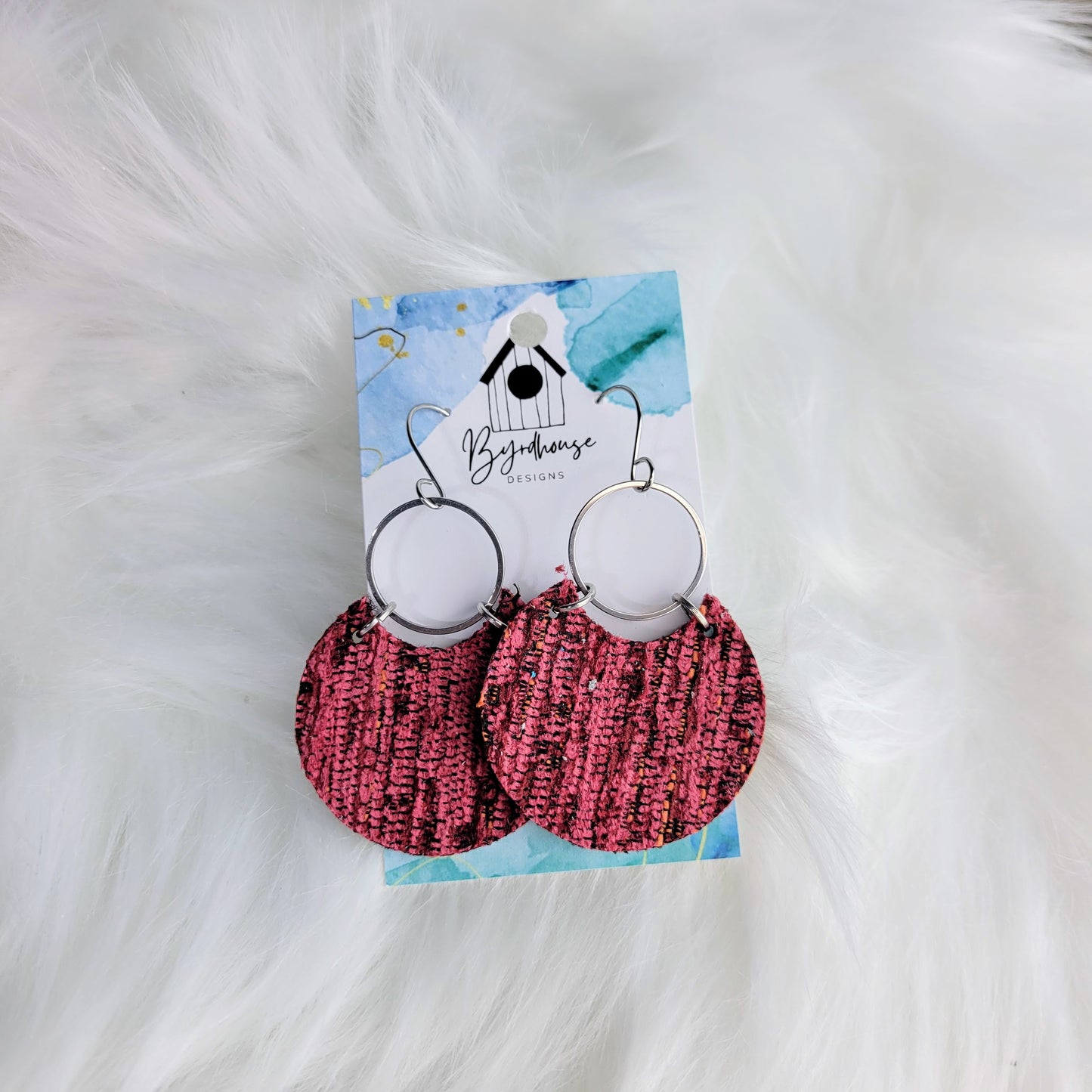 Raspberry Tweed on Genuine Leather Round Boho Dangle Earrings with Silver Hoop