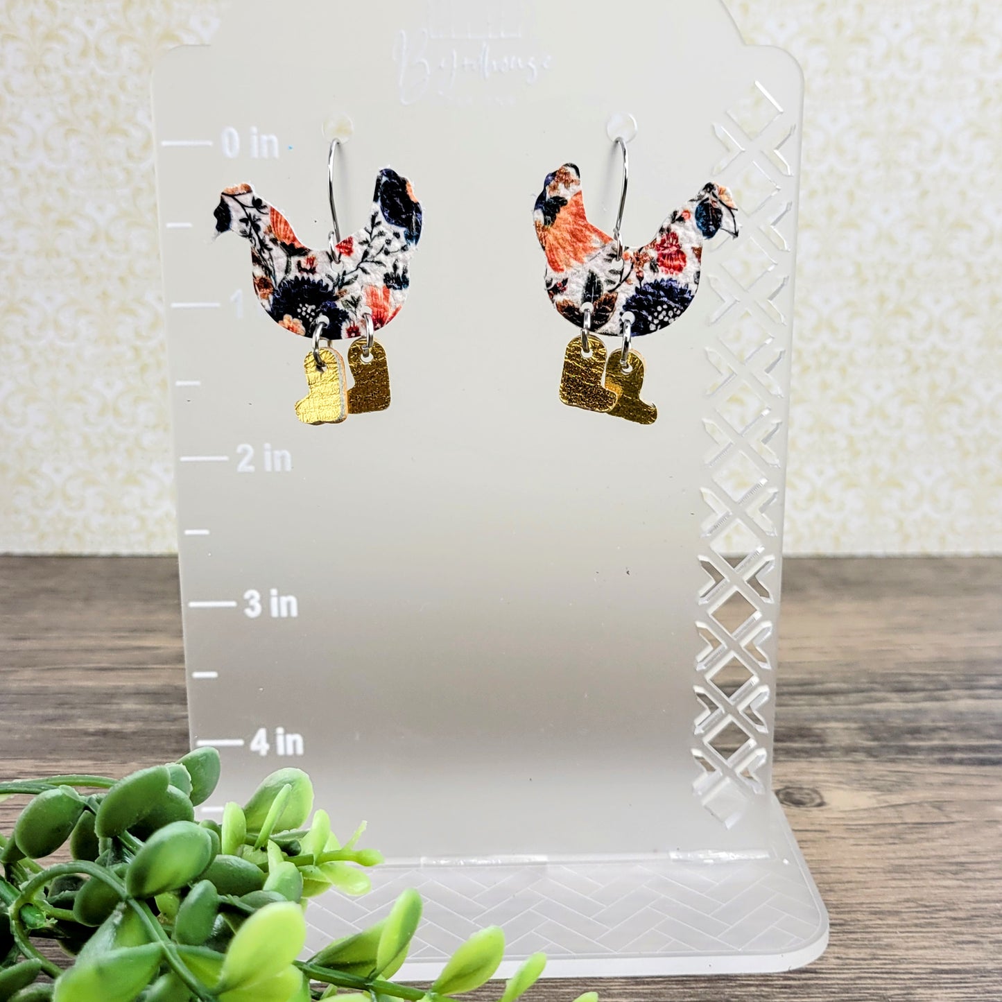 Chicken in Boots Dangle Earrings Genuine Leather