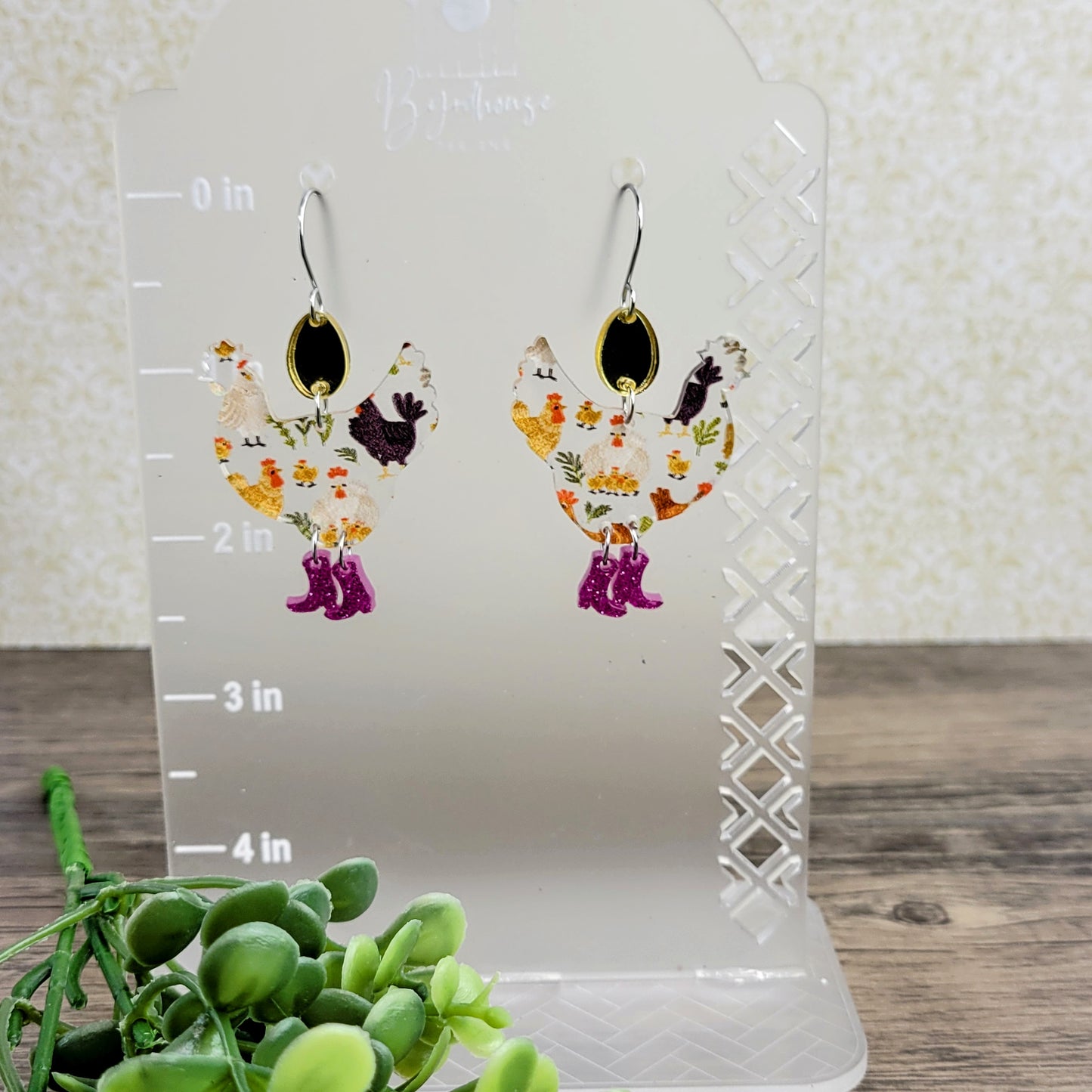 Chicken in Boots Golden Egg Dangle Earrings Acrylic