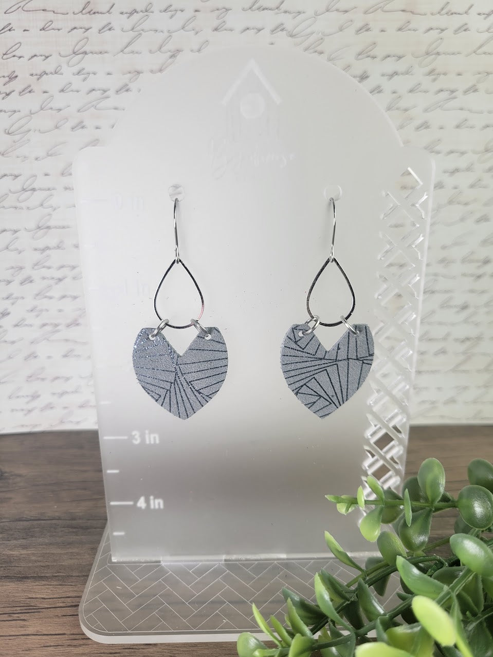 Grey and Silver Boho Heart Leaf Genuine Leather on Silver Teardrop Connector Dangle Earrings