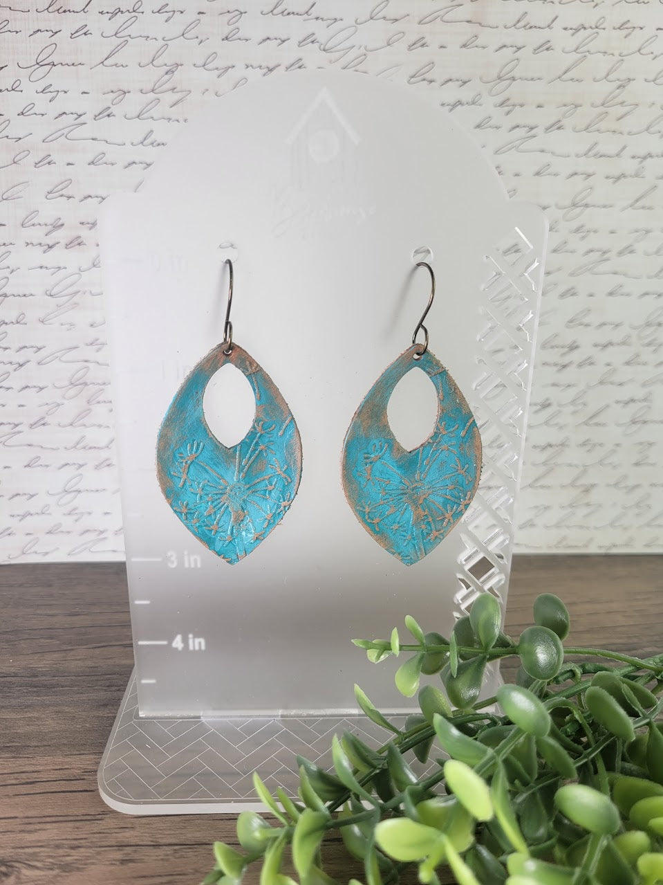 Embossed and Painted Dandelion Teardrop Genuine Leather Dangle Earrings