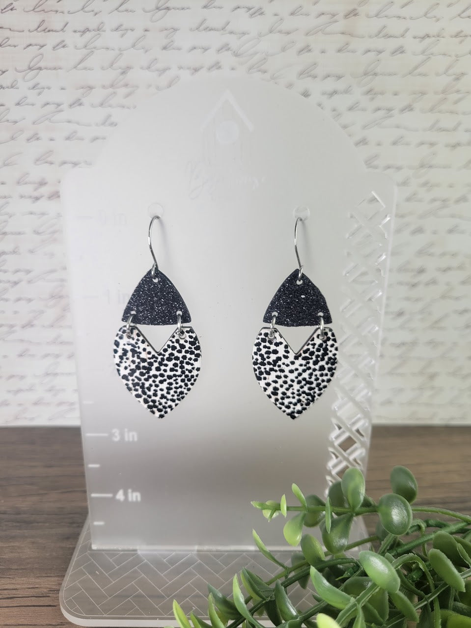 Leather Dotted Black and White Boho Heart Leaf with Black Glitter Connector Dangle Earrings