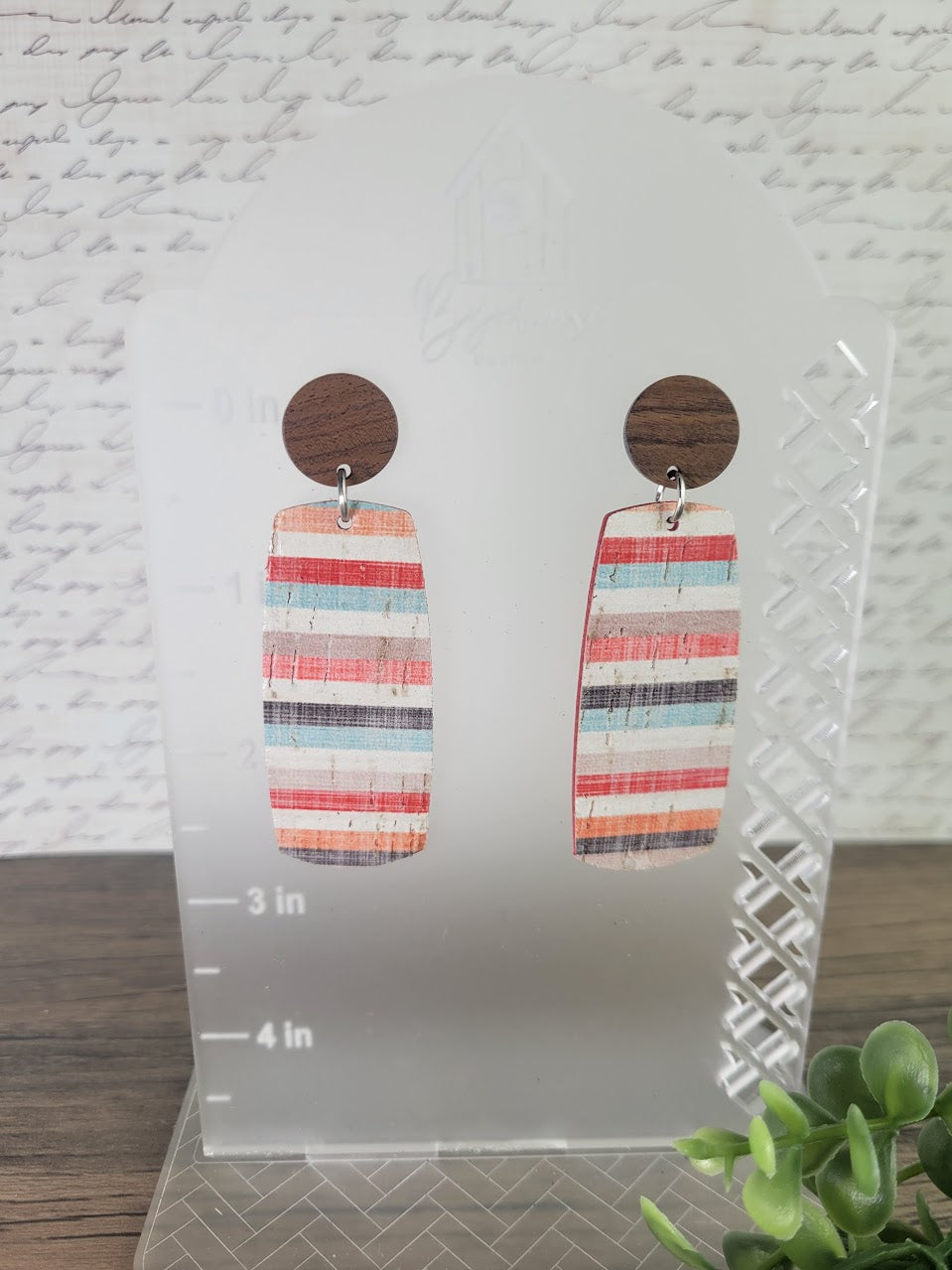 Boho Leather Striped Rounded Rectangle Wood Stud Connector Topper