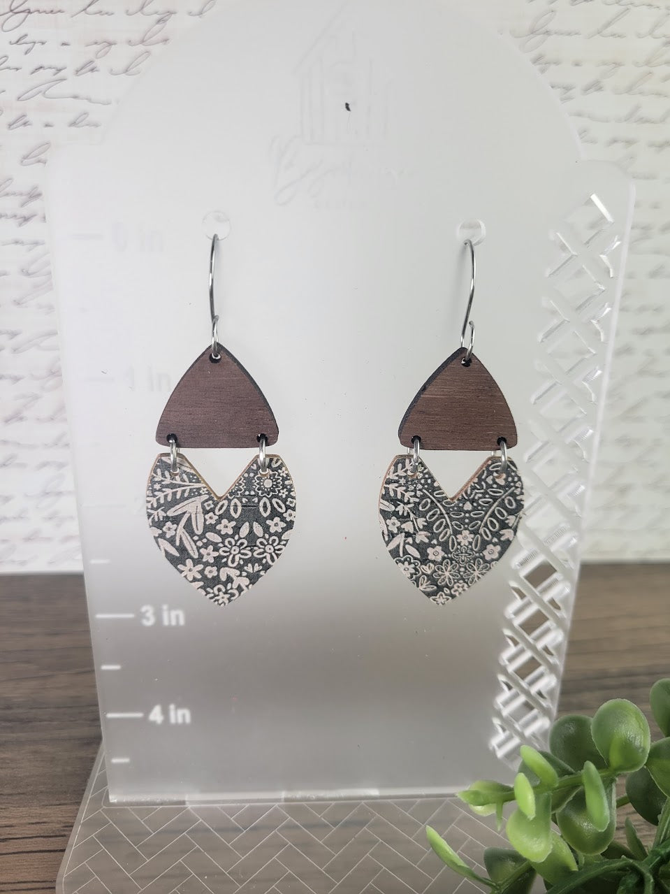 Sage Green Leaves Boho Heart Walnut Wood Topper Dangle Earrings