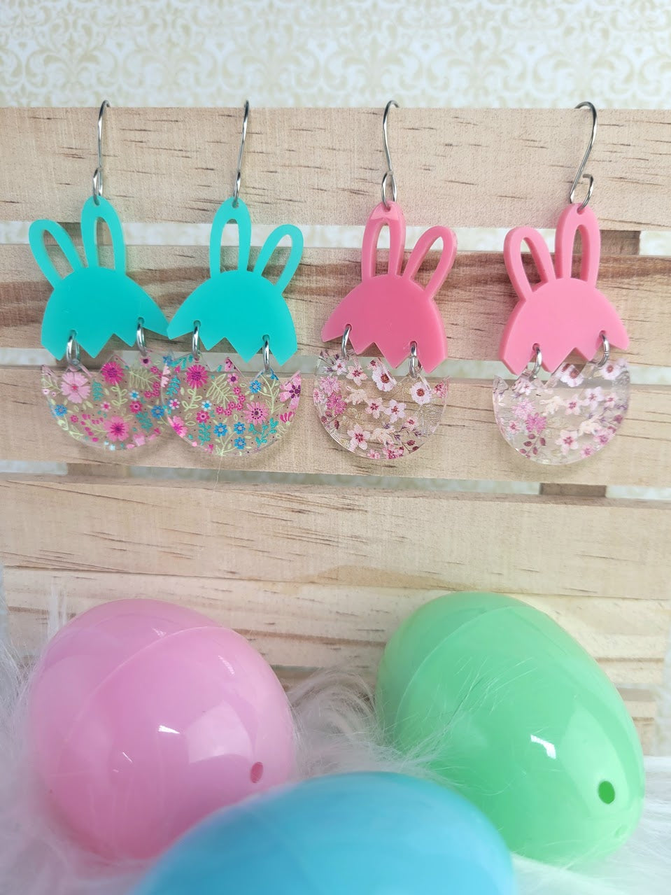 Bunny Ears Easter Egg Acrylic Stacked Dangle Earrings