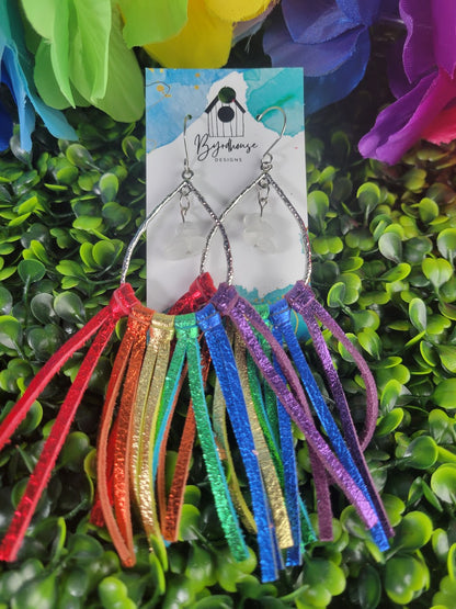 Fancy Rainbow Pride Leather Fringe Dangle Earrings