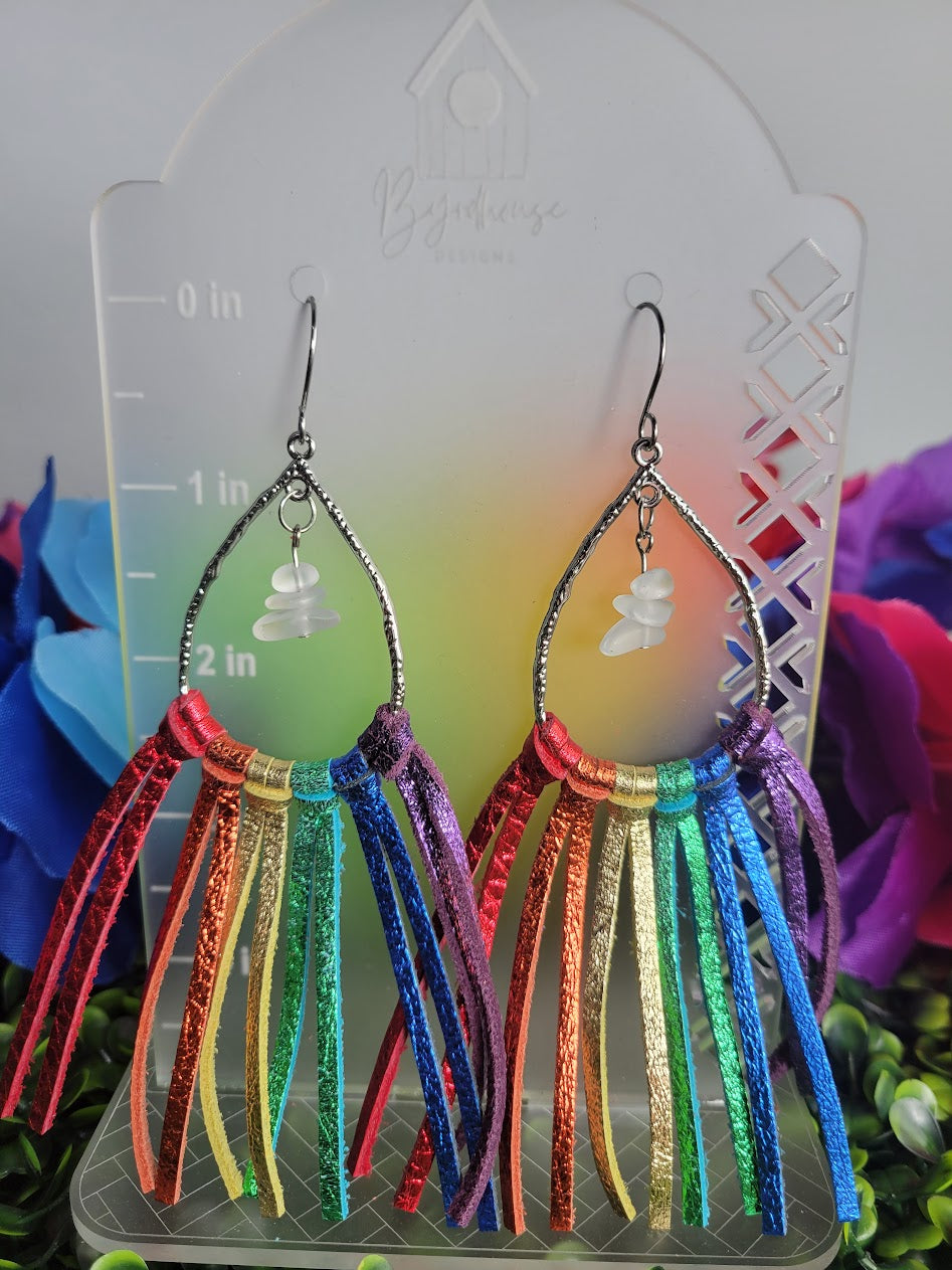 Fancy Rainbow Pride Leather Fringe Dangle Earrings