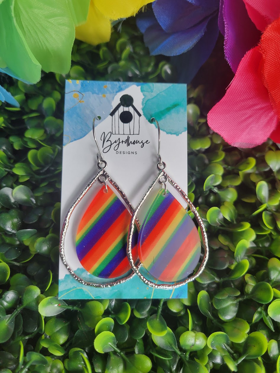 Rainbow Teardrop Inlay Silver metal Dangle Pride Earrings