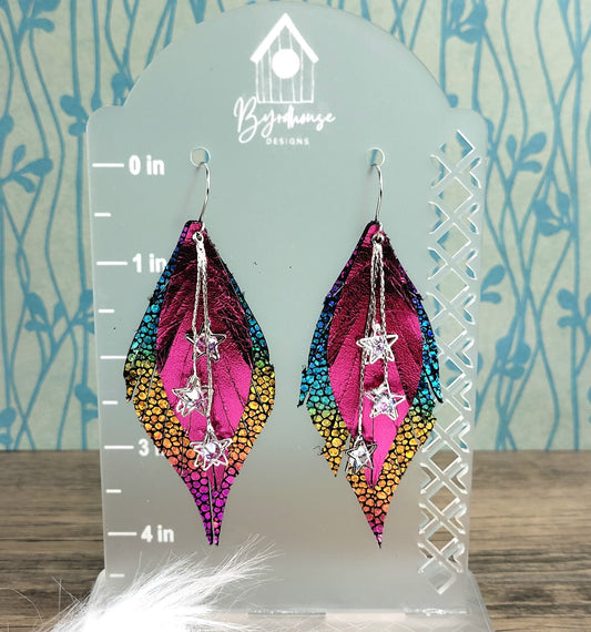 Fringe Feather Genuine Leather Earrings | Rainbow