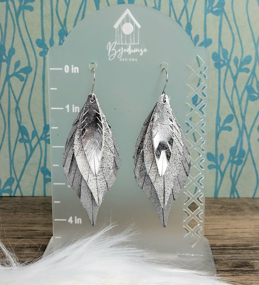 Fringe Feather Genuine Leather Earrings | Silver