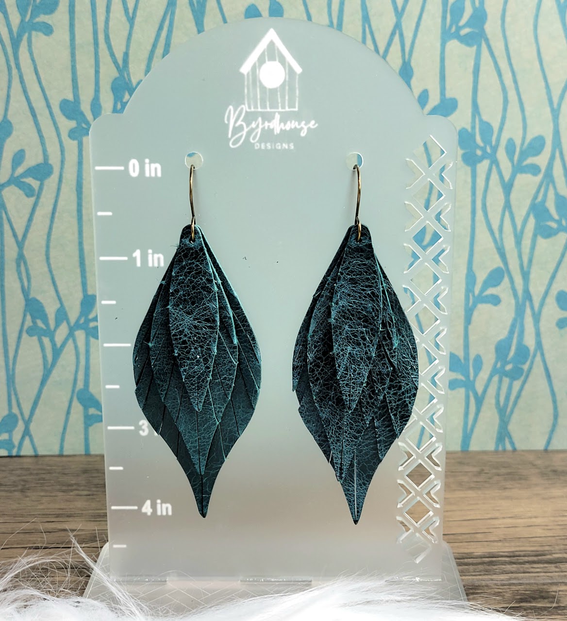 Fringe Feather Genuine Leather Earrings | Teal